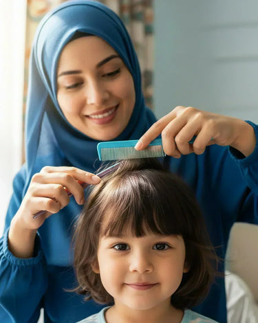 A mother gently combs her daughter's hair at home