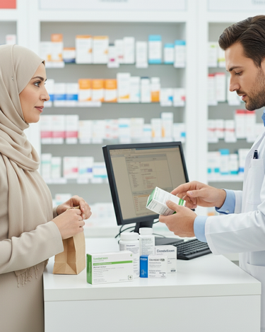A doctor shows vitamin and supplement bottles from a pharmacy to a patient