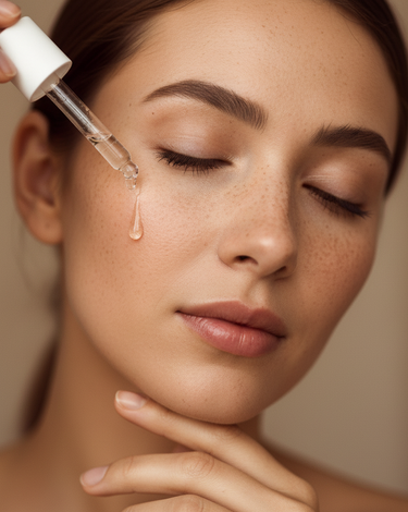 A woman with closed eyes applies serum to her freckled face for skincare, enhancing natural beauty.