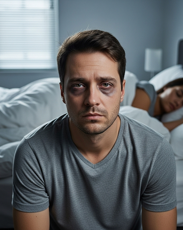 An exhausted and stressed young man with dark circles under her eyes lies in bed, struggling with sleeplessness.