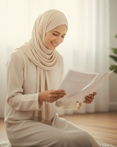 A smiling woman in a hijab reading her planner,