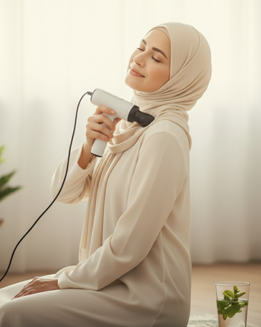 A woman uses a handheld electric massager on her shoulder for pain relief.