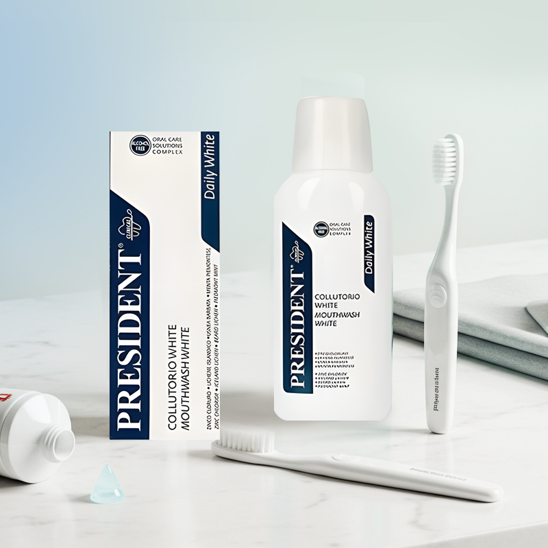 President brand mouthwash, box, and two white 