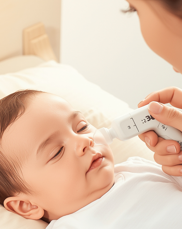 A mother do nose section to a sleeping baby