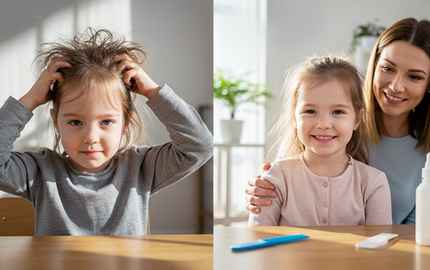 A before-and-after of a young girl's messy hair.