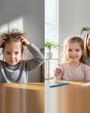 A before-and-after of a young girl's messy hair.