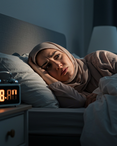 A stressed woman in a hijab lies awake in bed, looking anxiously at the time.