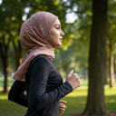 A young woman in a hijab and athletic clothes jogging in a green park"