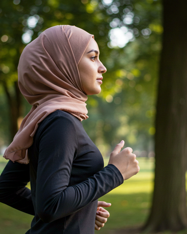 A young woman in a hijab and athletic clothes jogging in a green park"