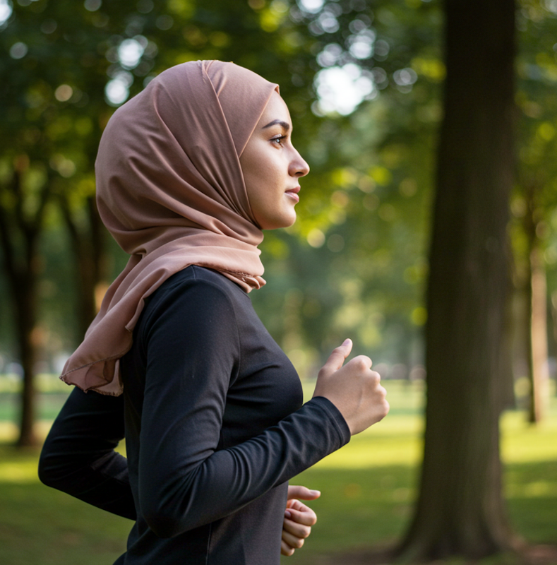 A young woman in a hijab and athletic clothes jogging in a green park"