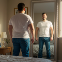 A very fat person suffering from morbid obesity ,imagens  himself  as a fit man