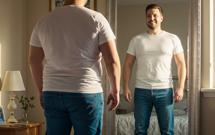 A very fat person suffering from morbid obesity ,imagens  himself  as a fit man