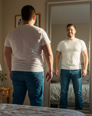 A very fat person suffering from morbid obesity ,imagens  himself  as a fit man