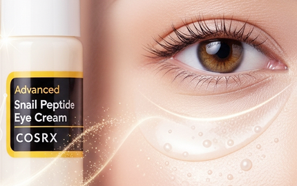 Eye cream ad: radiant skin, snail, product, and contact info.