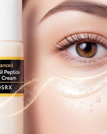 Eye cream ad: radiant skin, snail, product, and contact info.