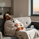 A_man_with_flu_symptoms_lying_on_a_sofa_with_a_cold_compress_and_lemon_tea