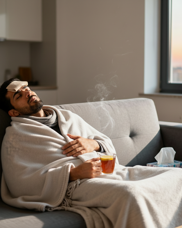 A_man_with_flu_symptoms_lying_on_a_sofa_with_a_cold_compress_and_lemon_tea