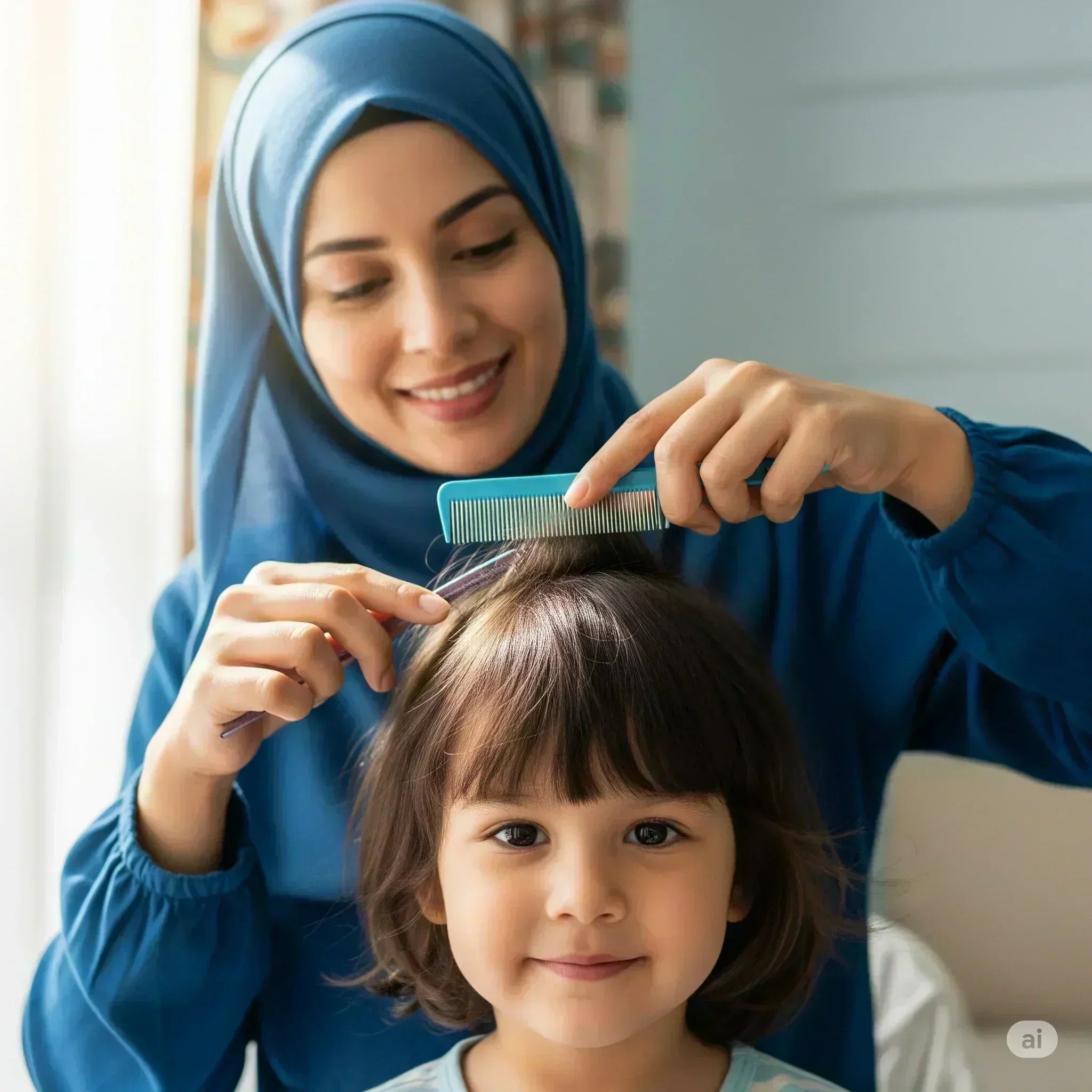  A mother gently combs her daughter's hair at home