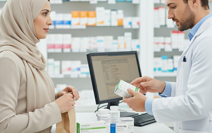 A doctor shows vitamin and supplement bottles from a pharmacy to a patient