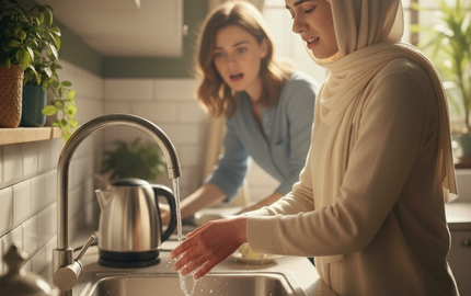 A woman burns her hand in the kitchen, cools it, and later shows the scars.