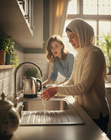 A woman burns her hand in the kitchen, cools it, and later shows the scars.