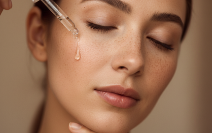 A woman with closed eyes applies serum to her freckled face for skincare, enhancing natural beauty.