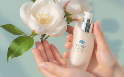 Intimate health care product held in hands with a white flower in the background