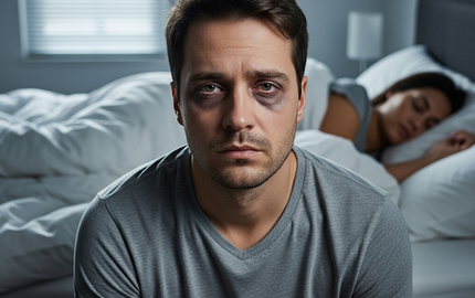 An exhausted and stressed young man with dark circles under her eyes lies in bed, struggling with sleeplessness.
