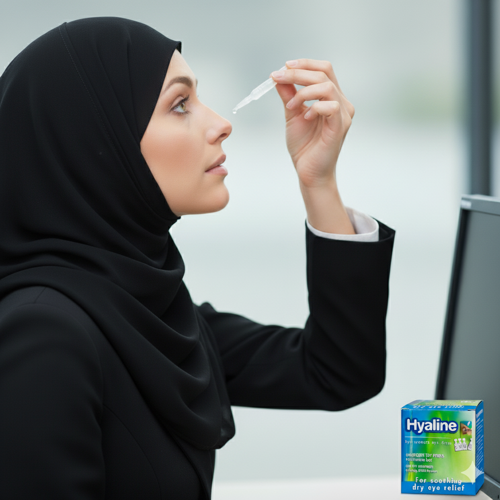 Woman  applying eye drops at desk