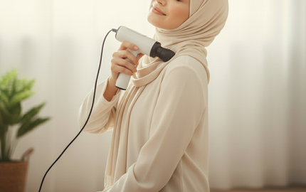  A woman uses a handheld electric massager on her shoulder for pain relief.