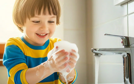 A child washing their hands with soap and water at a sink