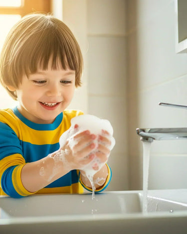 A child washing their hands with soap and water at a sink