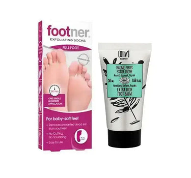 Footner Exfoliating Socks + Oliv Foot Balm Offer Package